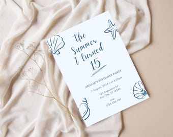Summer Birthday Invitation | Seashell Beach Party Invite | Editable Canva Template
