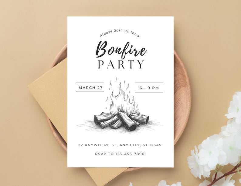 May include: A white invitation card with the text "Bonfire PARTY" and a detailed illustration of a bonfire. The card includes the date, time, and RSVP information. The invitation is placed on a wooden plate with a brown envelope.