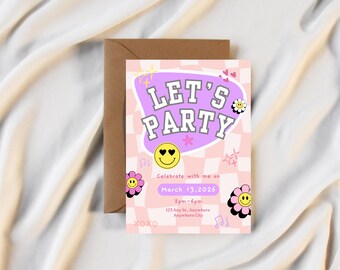 Invitation à une fête rétro preppy fantaisiste avec smiley : Modèle Canva à damier rose (Téléchargement instantané)