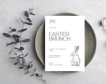 Mall för påskbrunchinbjudan, minimalistisk kanin-påskinbjudan, redigerbar canvas utskrivbar för vårbrunch, äggjakt och familjepåskfest