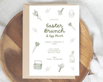 Easter Brunch Hand Drawn Invitation, Egg Hunt Invite, Editable Easter Party Invite, Spring Brunch Printable, Canva Template