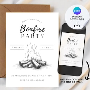 May include: A black and white Bonfire Party invitation with a bonfire illustration, the date March 27, and the time 6-9 PM. The invitation is on a white background with a brown envelope and a smartphone displaying the invitation.