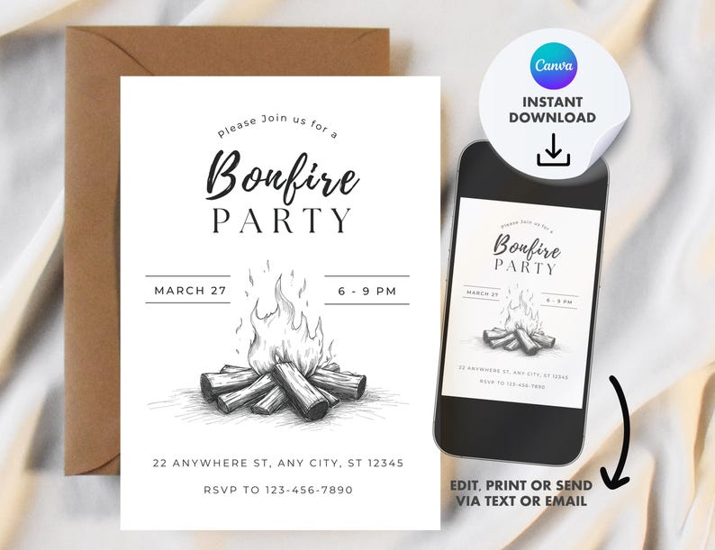 May include: A black and white Bonfire Party invitation with a bonfire illustration, the date March 27, and the time 6-9 PM. The invitation is on a white background with a brown envelope and a smartphone displaying the invitation.