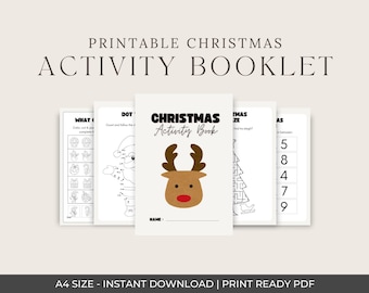 May include: A printable Christmas activity booklet featuring a cover with a brown reindeer illustration and the text Christmas Activity Book. The set includes multiple pages with dot-to-dot drawings, number games, and coloring tasks in A4 size.