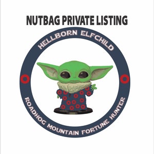 May include: A green, cartoon-like character with large ears and big eyes, wearing a blue and red patterned shirt, is featured in a circle with the text "Hellborn Elfchild Roadhog Mountain Fortune Hunter" around the edge.