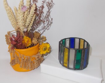 photophore, bougeoir, vert, bleu, jaune, transparent, verre, vitrail, Tiffany, glass, blue, green, yellow