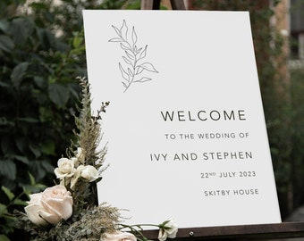 Letrero de bienvenida para bodas con diseño botánico, panel minimalista de Foamex (PDF disponible)