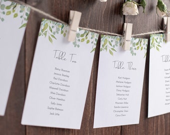 Tarjetas de distribución de mesas para bodas con motivos de vegetación en acuarela (digitales o impresas)