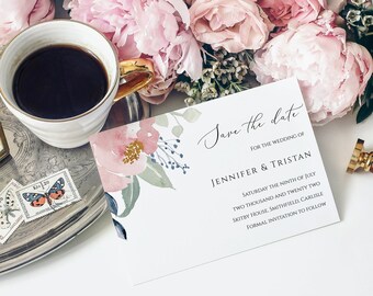 Tarjeta de invitación "Reserva la fecha" con peonías en acuarela, boda floral (descarga digital)