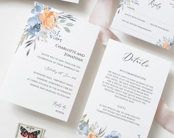Invitaciones de boda con estampado floral en tonos melocotón y azul, follaje rústico (descarga digital)
