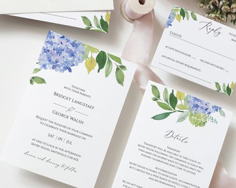 Invitaciones de boda con hortensias en acuarela (descarga digital)