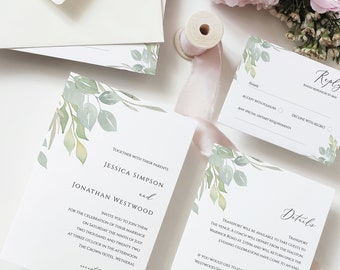 Invitaciones de boda con acuarela de eucalipto (descarga digital)