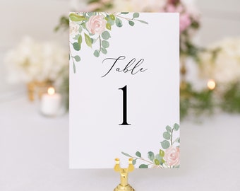 Número de mesa imprimible // Rosas rosas y eucalipto en acuarela // Follaje verde // Letreros de boda DIY // Edición propia // Corjl // Bonito