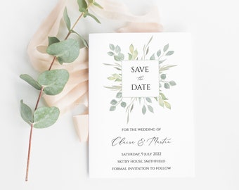 Tarjeta de invitación "Reserva la fecha" con eucalipto en acuarela (Descarga digital)
