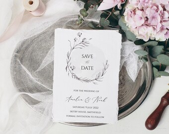 Tarjeta de invitación "Reserva la fecha" con corona floral, boda rústica (descarga digital)