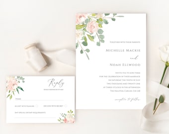 Invitaciones de boda con rosas y eucalipto, acuarela floral (descarga digital)