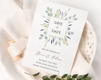 Tarjeta de invitación "Reserva la fecha" con eucalipto y lavanda en acuarela (descarga digital)