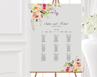 Plano de mesas para boda con motivos florales, arreglo rústico de mesas (tamaño A1)