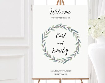 Foliage Wreath Welcome Board // Rustic Greenery Welcome Sign // Signos de Boda