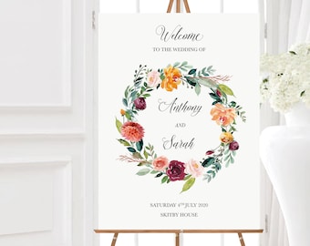 Letrero floral de bienvenida para bodas, tablero rústico de Foamex, rosas color burdeos y melocotón