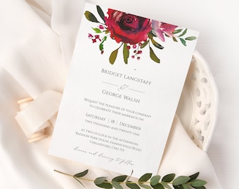 Invitaciones de boda con rosas rojas en acuarela (Descarga digital)