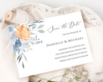 Tarjeta de invitación "Reserva la fecha" con flores en tonos melocotón y azul, acuarela (Descarga digital)