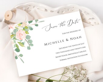 Tarjeta de invitación "Reserva la fecha" con rosas en acuarela, boda floral rosa (descarga digital)