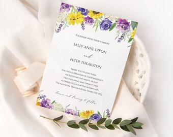 Invitación de boda con girasoles y rosas moradas (para imprimir).
