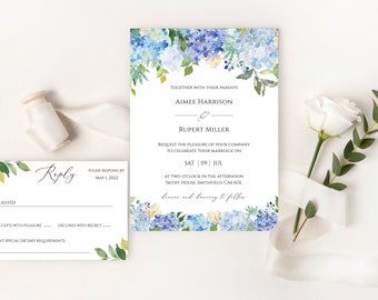 Invitación de boda con hortensias, acuarela floral azul (descarga digital)