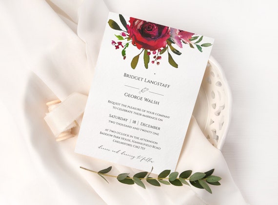 Printable Red Rose Wedding Invitation Set // Watercolour Roses | Etsy