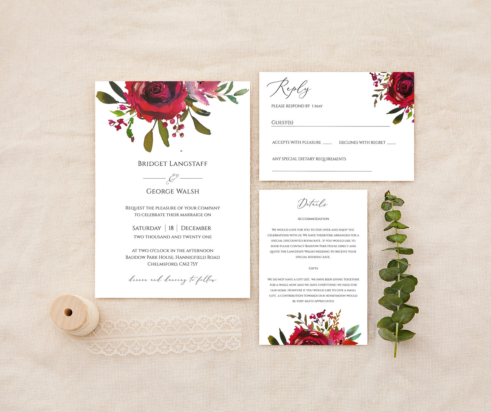 Printable Red Rose Wedding Invitation Set // Watercolour Roses ...