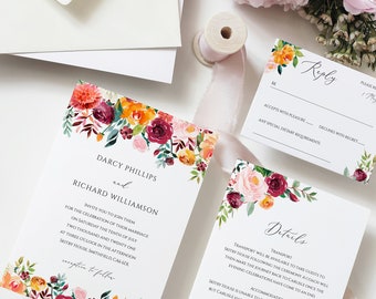 Invitaciones de boda rústicas con flores en acuarela (descarga digital)