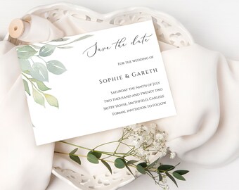 Tarjeta de invitación "Reserva la fecha" con eucalipto en acuarela (Descarga digital)