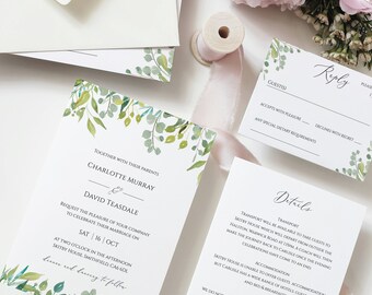 Invitaciones de boda con motivos vegetales, follaje rústico (descarga digital)