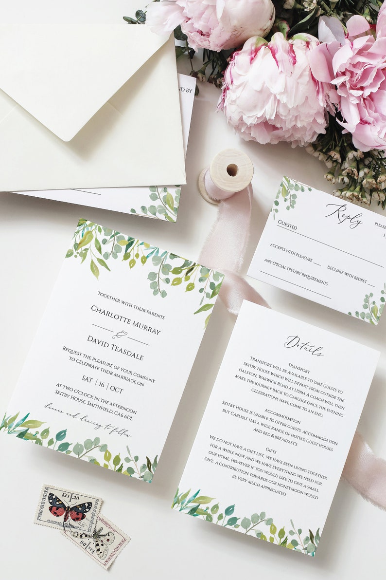 Printable Green Foliage Wedding Invitation // Greenery Wedding - Etsy UK