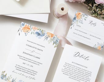 Invitaciones de boda con borde floral en tonos melocotón y azul, follaje rústico (descarga digital)