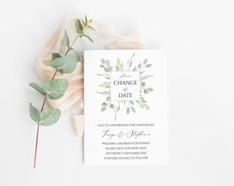 Tarjeta de cambio de fecha con eucalipto en acuarela (descarga digital)
