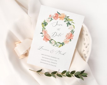 Tarjeta de invitación "Reserva la fecha" con corona floral, rosa y melocotón (descarga digital)