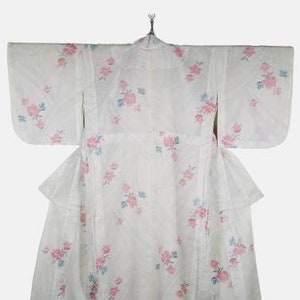 Japanese Kimono Robe White Floral Kimono Dress | Floral Kimono | Kimono Cardigan | Long Kimono Robe | Yukata kimono - A400