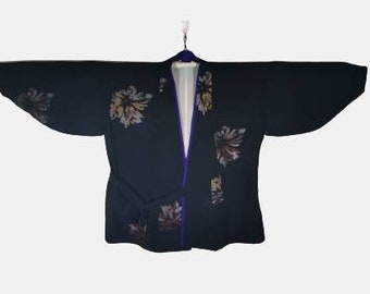 Japanese Black Haori Dochugi Silk Floral Kimono Jacket | Floral Kimono Haori | Kimono Cardigan | Short Kimono Robe | Short Sleeve - A438