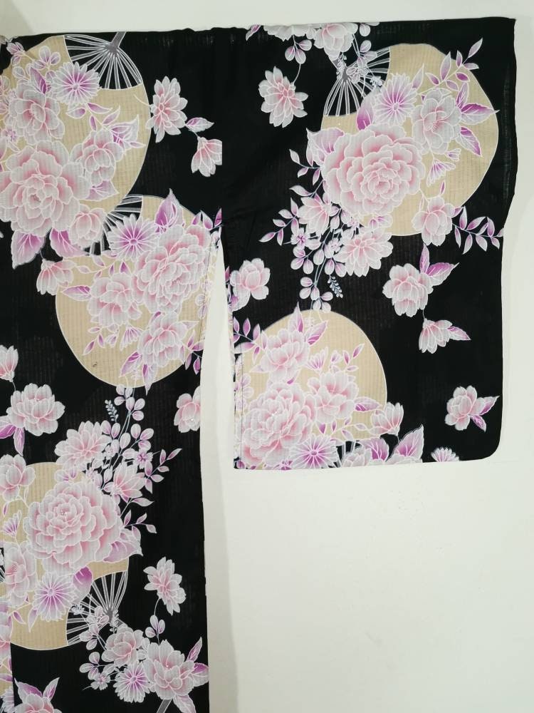Japanese Kimono Robe Black Floral Cotton Kimono Dress Floral | Etsy