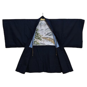 Japanese Dark Blue Mt. Fuji Kimono Men&#39;s Jacket Haori | Floral Kimono Haori | Kimono Cardigan | Short Kimono Robe | Short Sleeve - A958