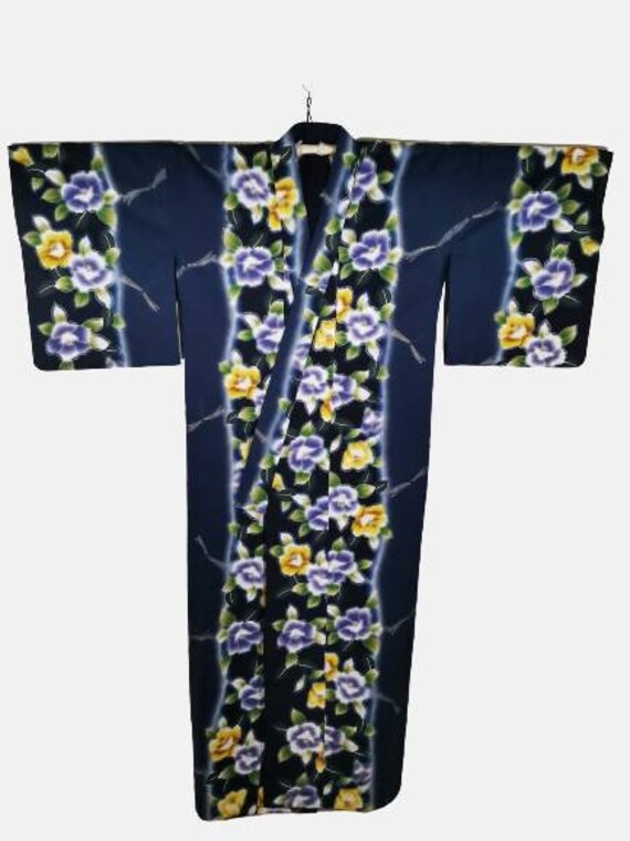 Japanese Kimono Robe Blue Floral Cotton Kimono Dr… - image 3