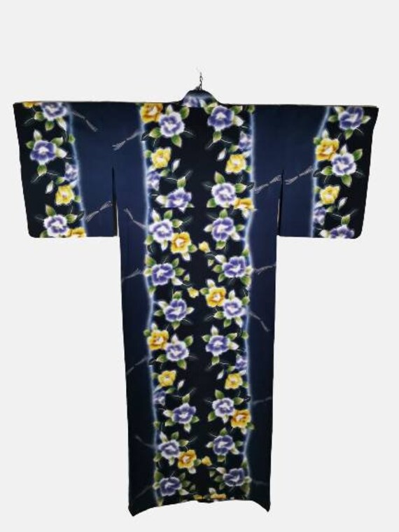Japanese Kimono Robe Blue Floral Cotton Kimono Dr… - image 4
