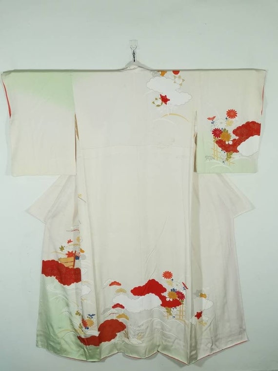 Japanese Kimono Robe Cream Floral Houmongi Silk Kimono Dress | Etsy
