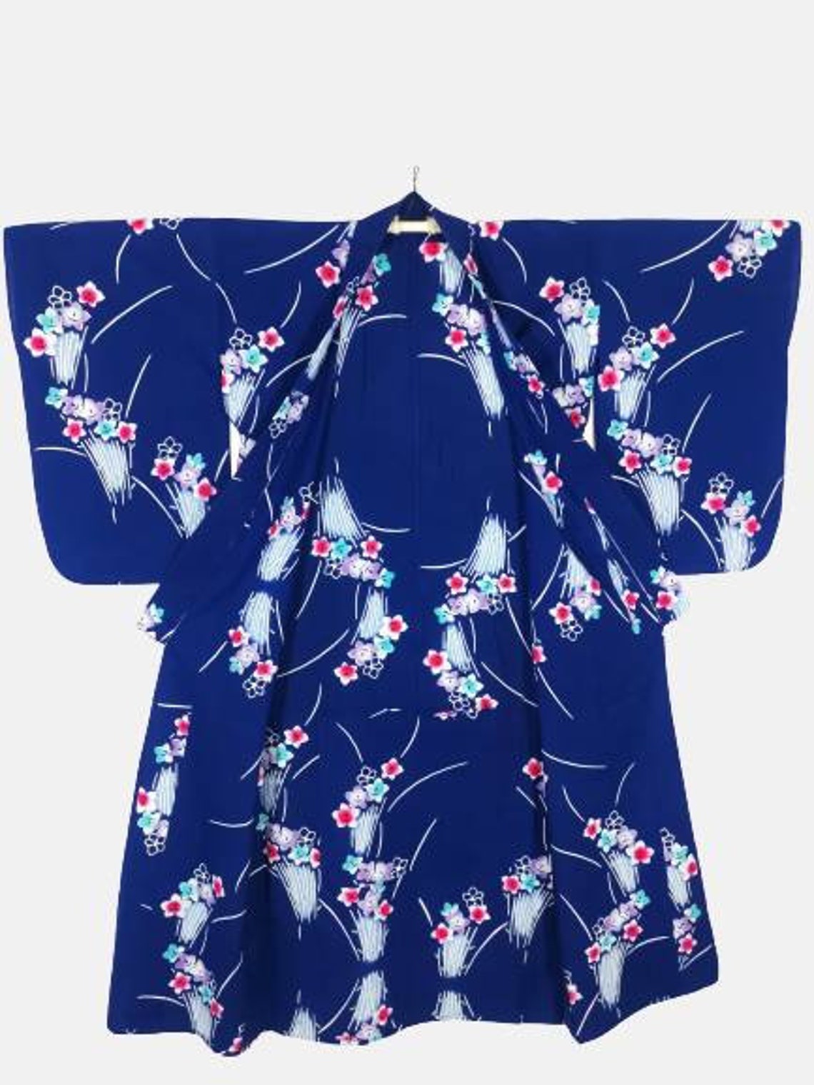 Japanese Kimono Robe Blue Floral Kimono Dress Floral Kimono Etsy