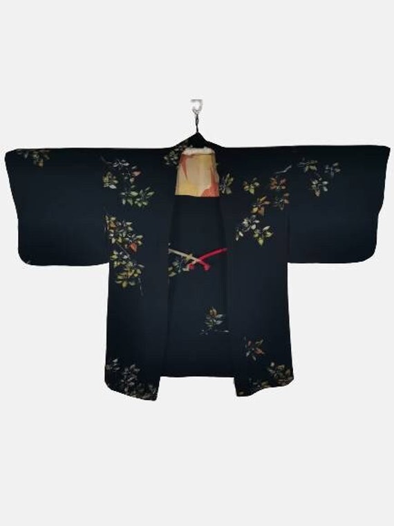 Japanese Black Haori Silk Floral Kimono Jacket Floral Kimono | Etsy