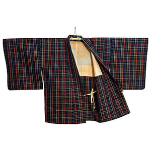 Japanese Blue Haori Dochugi Plaid Kimono Jacket | Floral Kimono Haori | Kimono Cardigan | Short Kimono Robe | Short Sleeve - N19