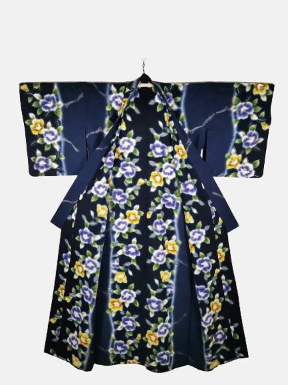 Japanese Kimono Robe Blue Floral Cotton Kimono Dr… - image 2