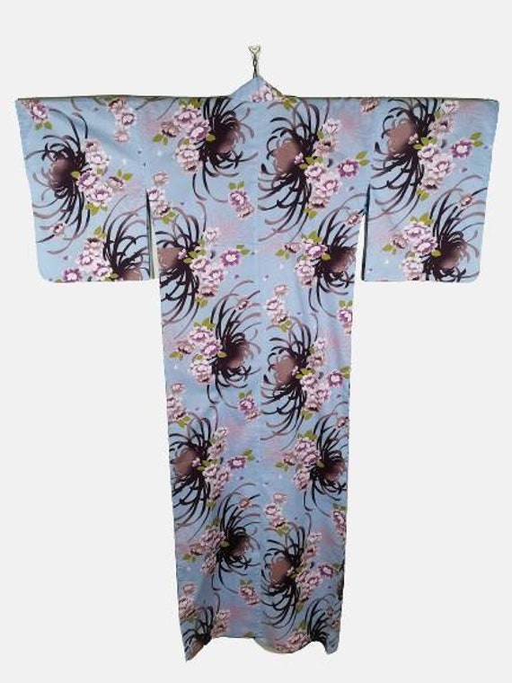 Japanese Kimono Robe Blue Floral Cotton Kimono Dr… - image 4